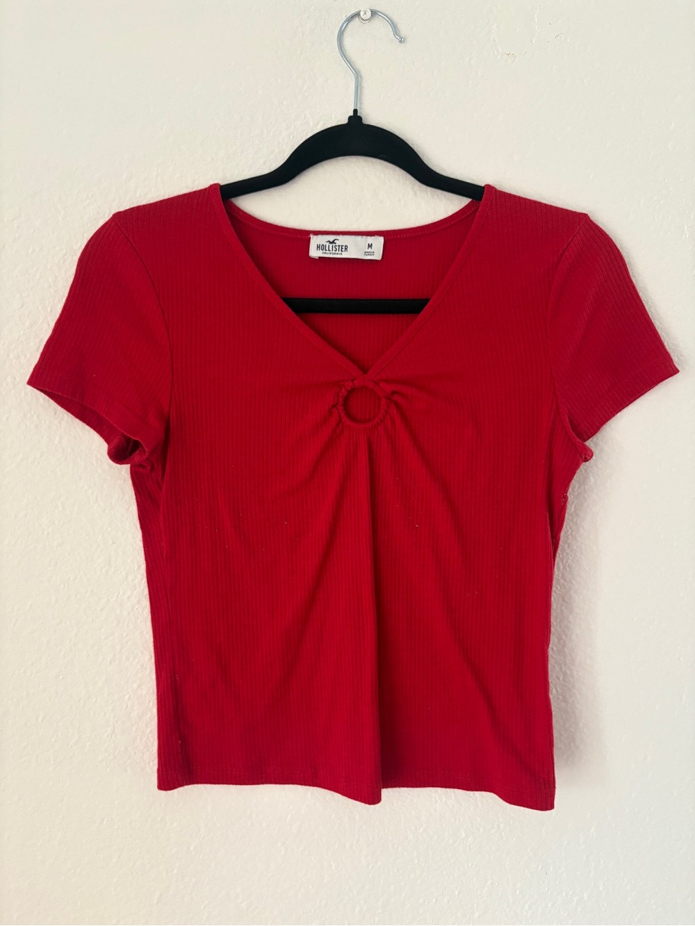 Hollister Red Ribbed V-Neck Short Sleeve Top with Front Ring